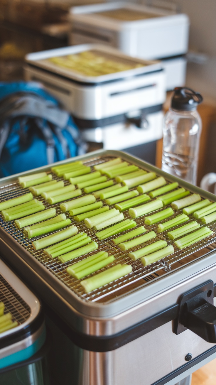 Fresh celery slices in a dehydrator, with hiking gear in the background.